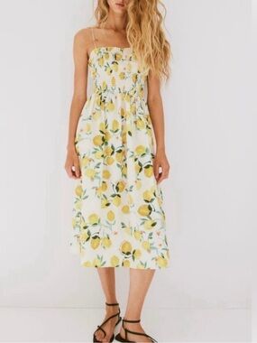 100% Cotton Lemon print smocked midi dress size M detachable straps